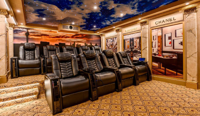 a luxurious home theater interior  with upscale living space design.