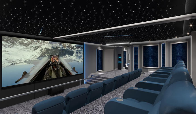  a modern home theater with a large screen displaying a movie scene 