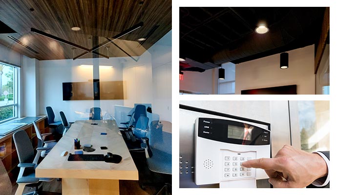 Automated lighting and alarm system for conference rooms.