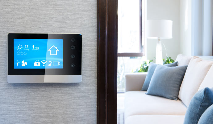 Climate control interface on a wall in a living room