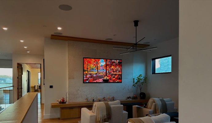 A modern music room with an installed TV