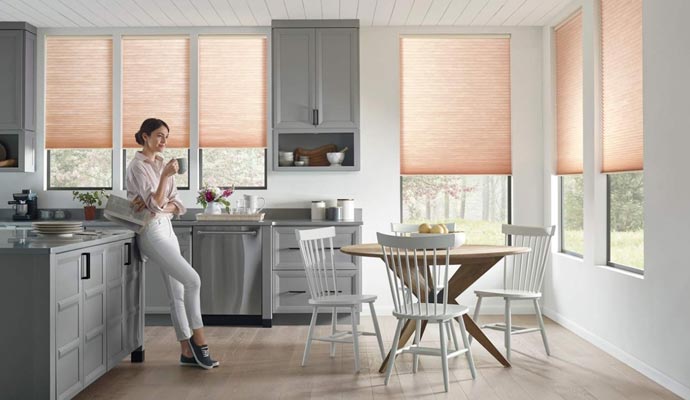 modern kitchen with motorized window covering