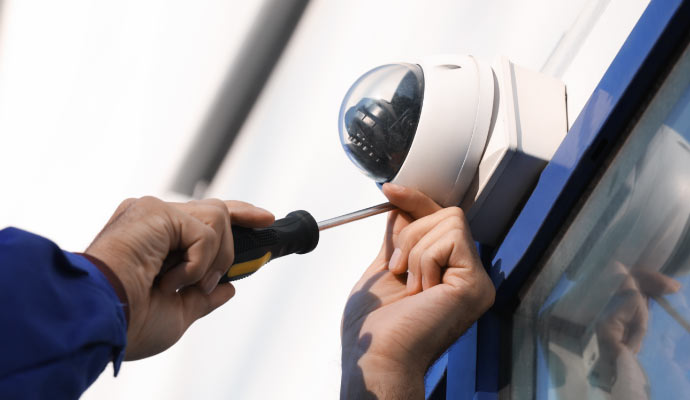 A person installing a surveillance camera on a wall