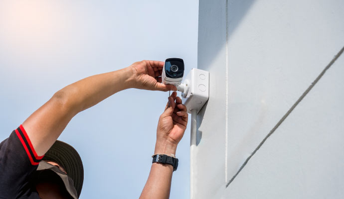 A person installing a surveillance camera on a wall