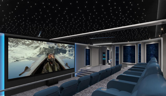 A home theater room with a large screen.