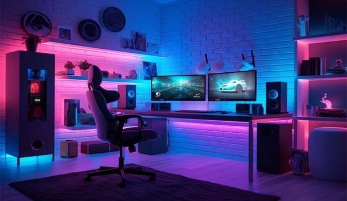 A modern gaming room setup with stylish lighting