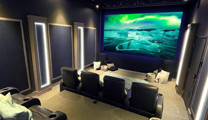  an interior view of a home theater room.