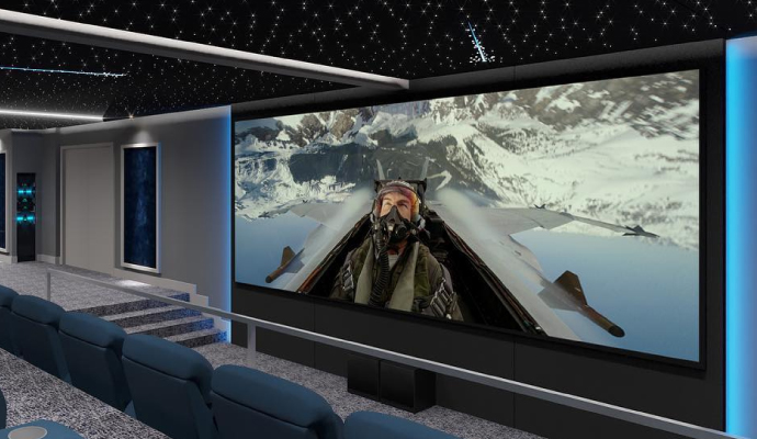 a home theater room with large screen to watch movies or tv shows