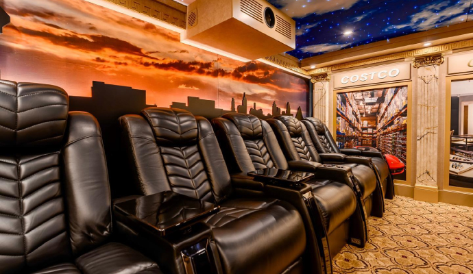 home theater with rows of black leather reclining seats