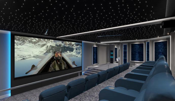 a luxurious home theater with plush seating